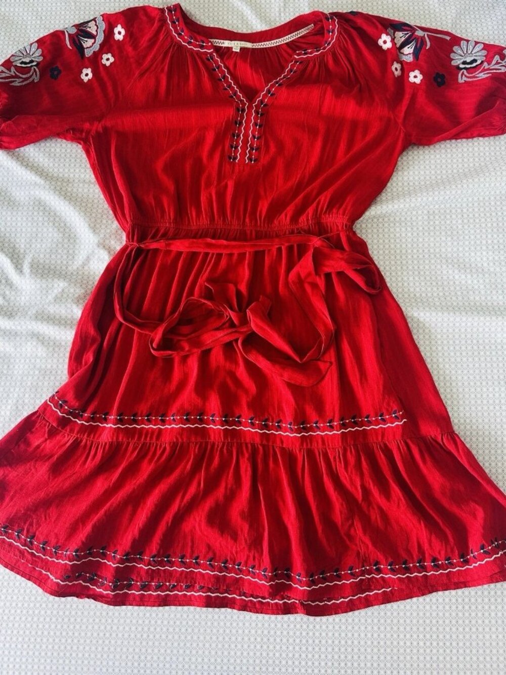 Kate and Sam Red Embroidered Flare Dress Medium with belt